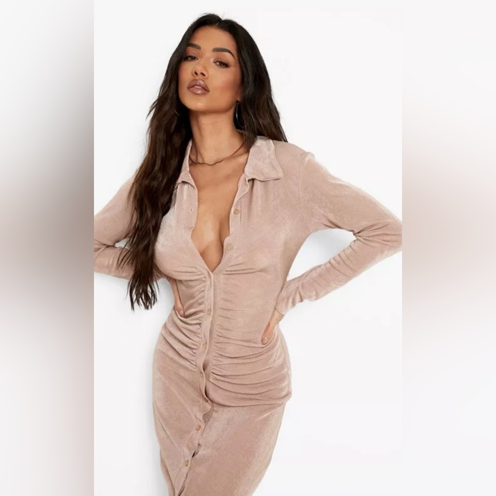 Cotton On Textured Slinky Ruched Midi Shirt Dress Beige L